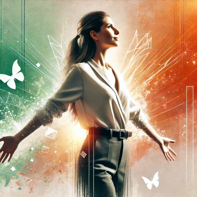 DALL·E 2025-04-17 20.43.15 - A strong, empowered woman standing confidently, symbolizing self-empowerment and breaking free from societal expectations. She is dressed in a profess