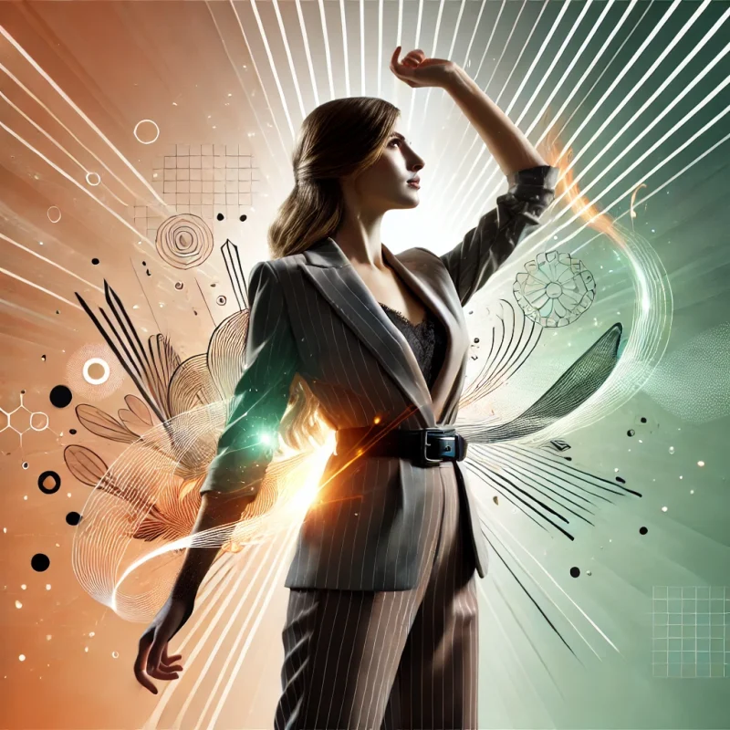 DALL·E 2025-04-17 20.43.19 - A confident woman standing in a powerful pose, with her arms raised in triumph, symbolizing the strength and courage to overcome self-doubt and societ